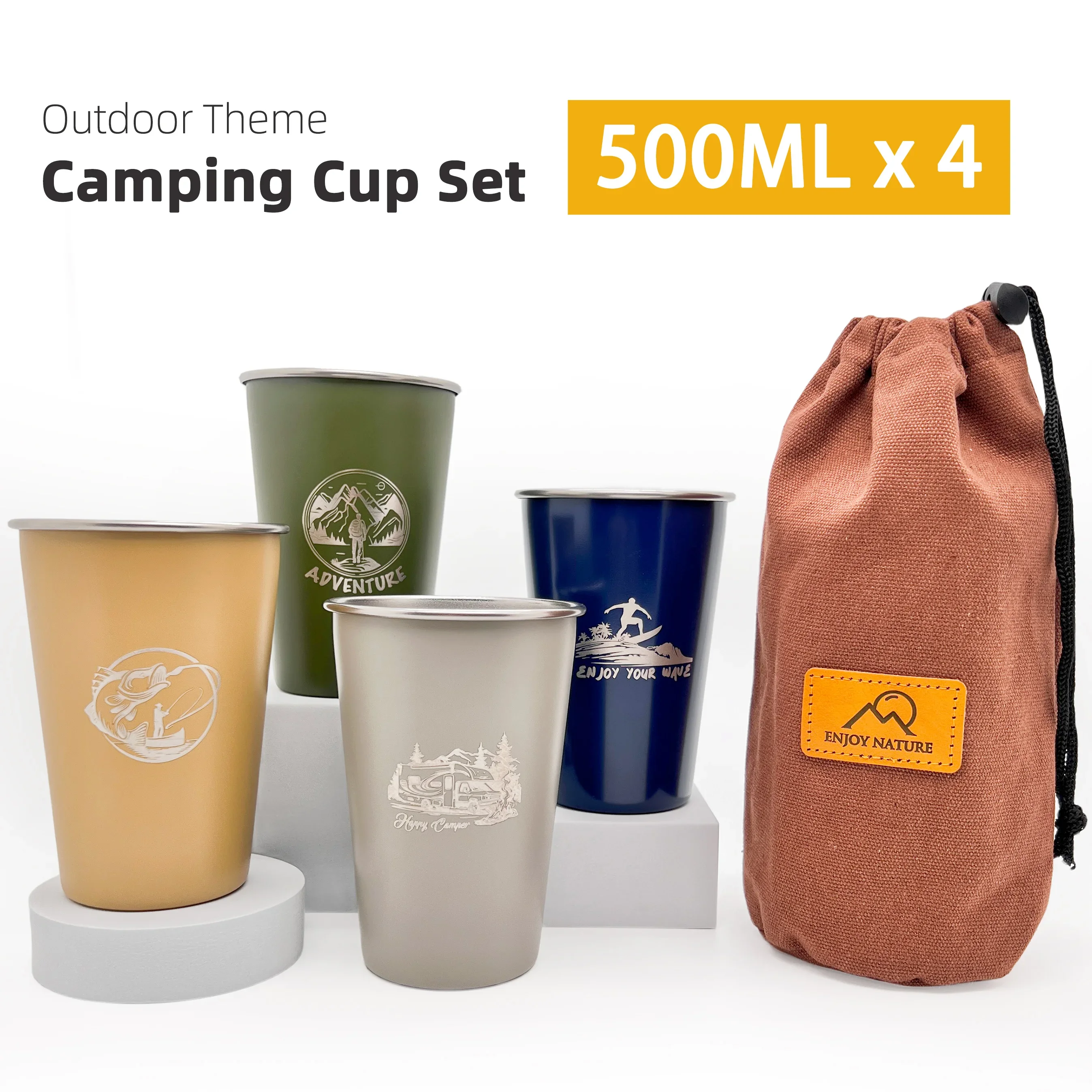 4PCS Outdoor Cup Set 350ML/500ML 304 Stainless Steel Camping Hiking Picnic Tea Beer Coffee Milk BBQ Tumblers Mug Glass Portable