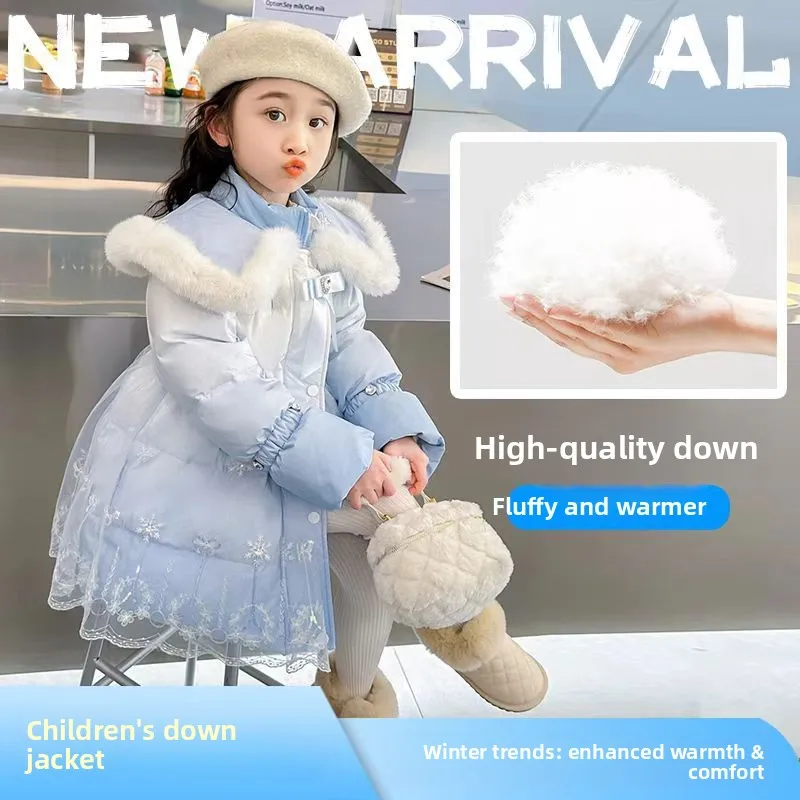 

Girls' Elsa Princess Down Coat 2025, Mid-Length Winter Jacket with White Duck Feathers