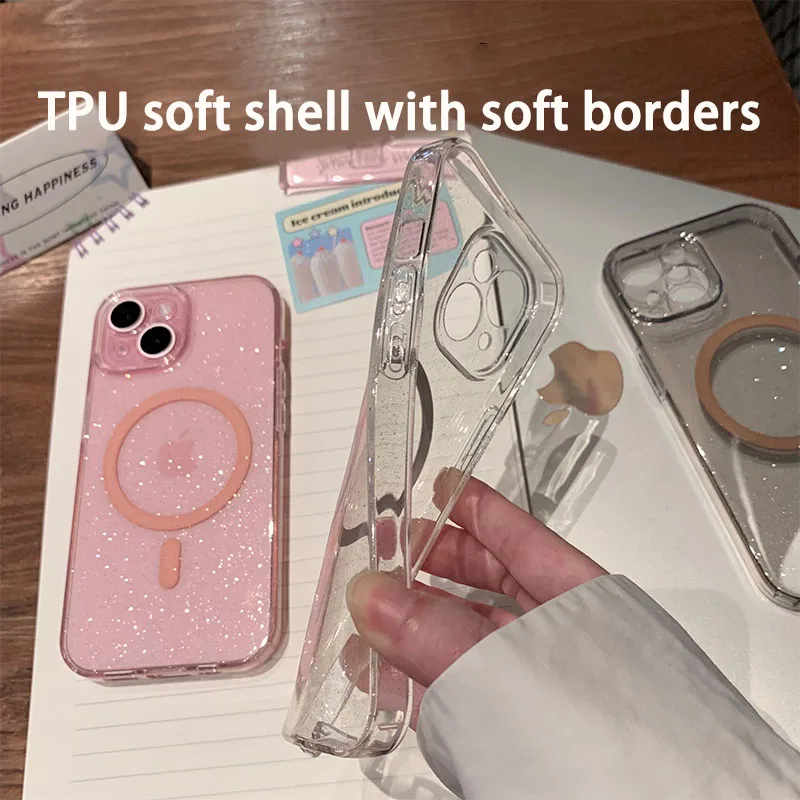 Luxury Glitter Magsafe Transparent Phone Case For iPhone 13 14 15 16 Pro Max Plus Magnetic Clear Bumper Cases Cover