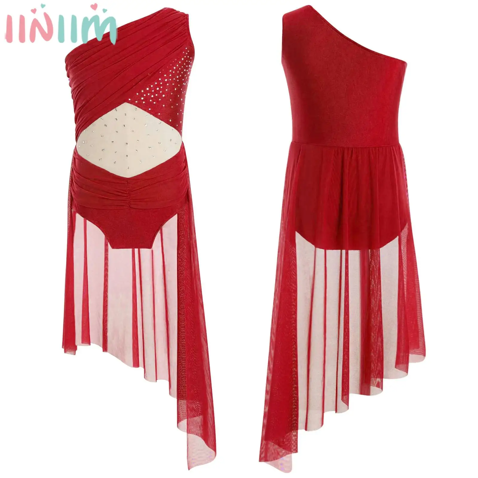 Teen Girls Figure Skating Lyrical Dance Dress One Shoulder Rhinestone Sheer Mesh Leotard Gymnastics Acrobatics Ballet Bodysuit