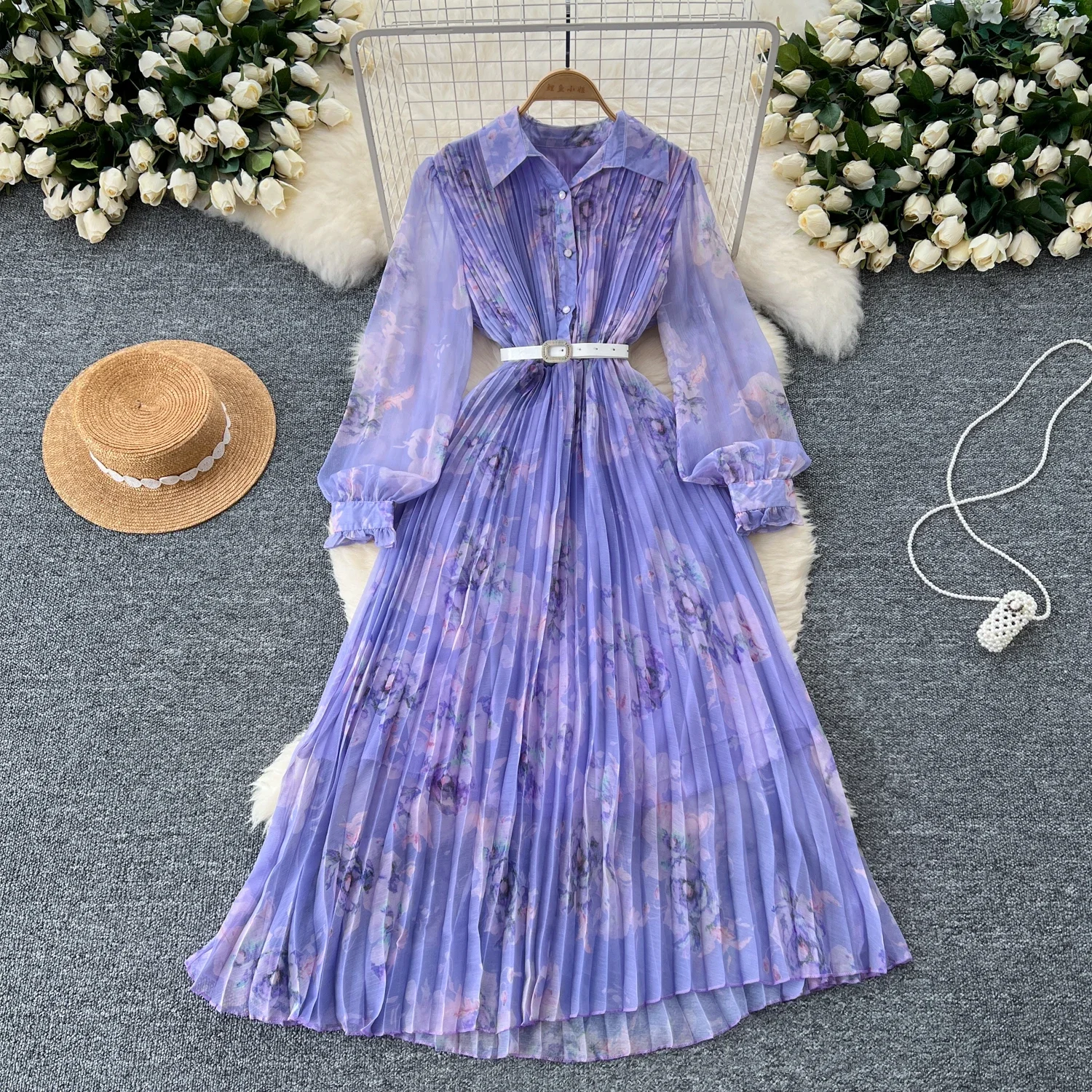 French Vintage  Elegant Lapel  Lantern Sleeve Print Single Breasted Pleated  Dress Women Basics Fashion Summer Spring Dresses