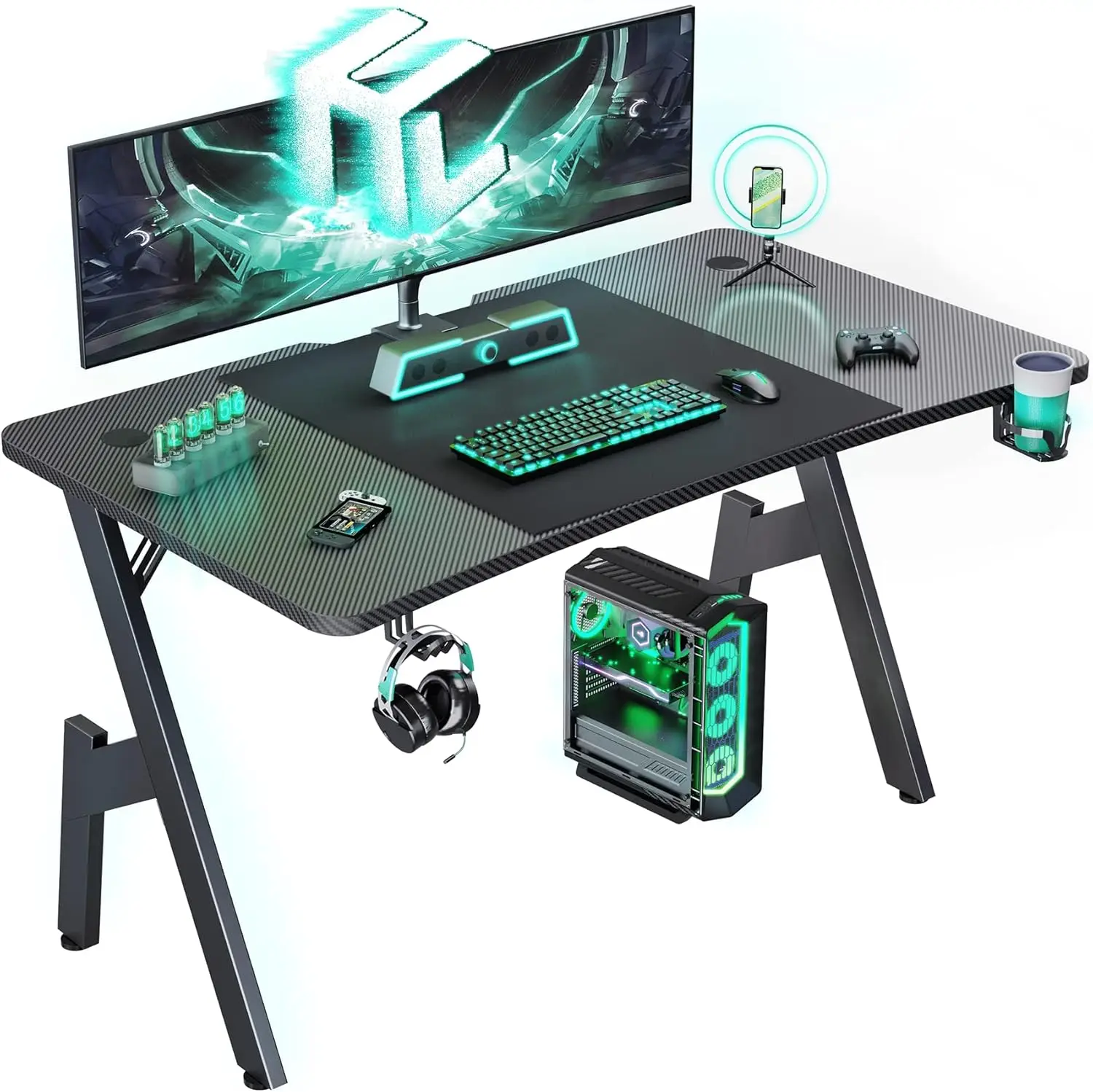 Hldirect 47 Inch Gaming Desk With Carbon Fibre Surface, Large Computer Desk Gaming Table, Ergonomic Pc Gaming Workstation Home