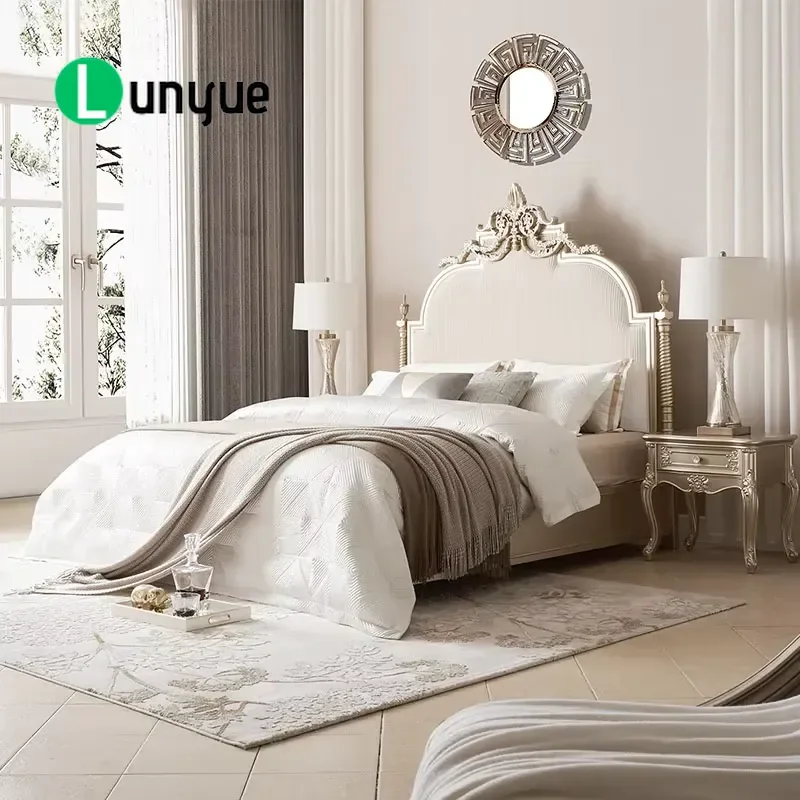 Large Solid Wood Canopy Bed Frame Crown Design Luxury Retro Style Platform Bed Sturdy Bed Board Easy to Assemble for Bedroom