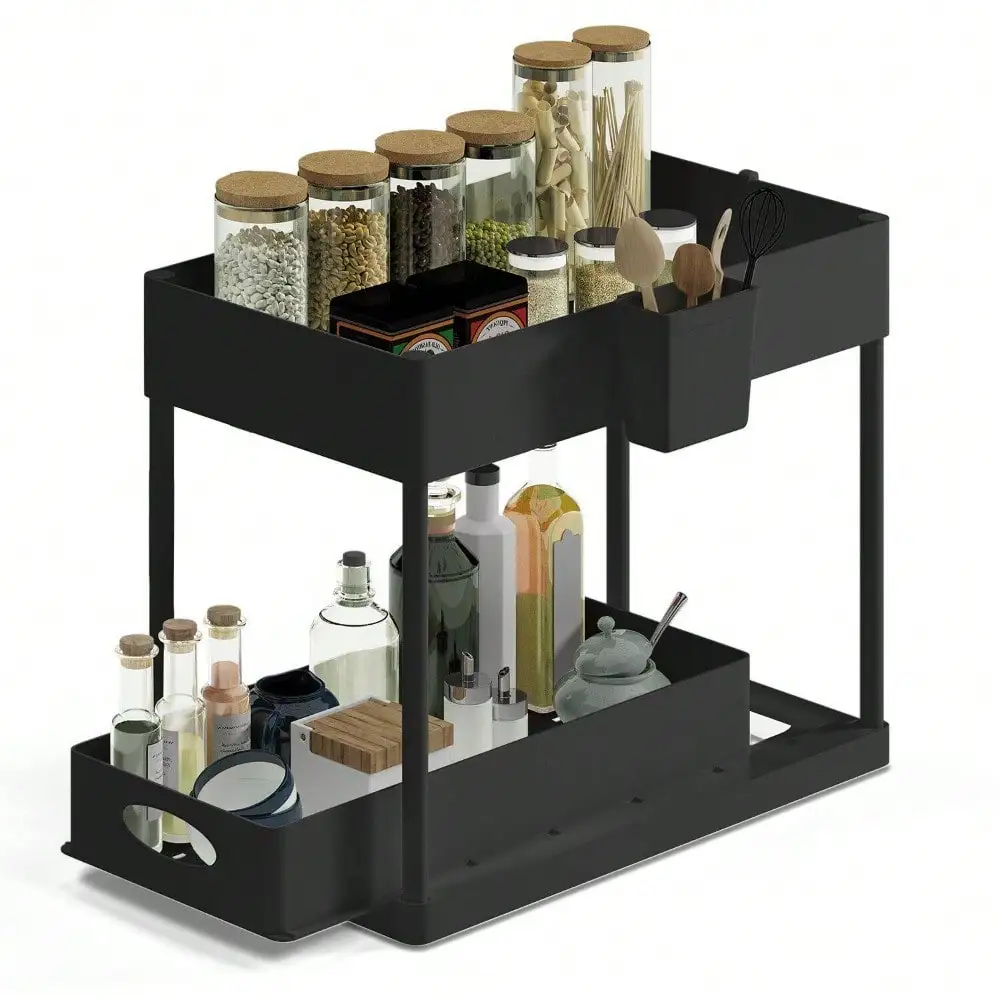 

Under sink storage box with 2 sliding drawers cabinet storage box, sliding cabinet under basket storage drawer with 4 hook