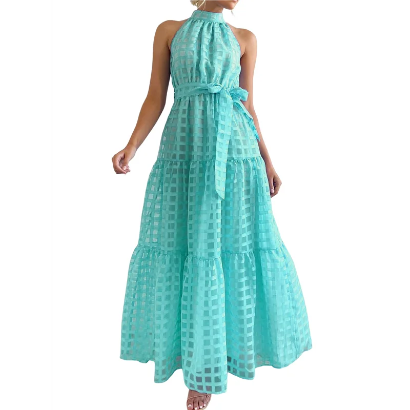 Abito estivo da donna maxi floreale da sole senza maniche con scollo all'americana e orlo fluido con volant Abiti lunghi Boho con cintura