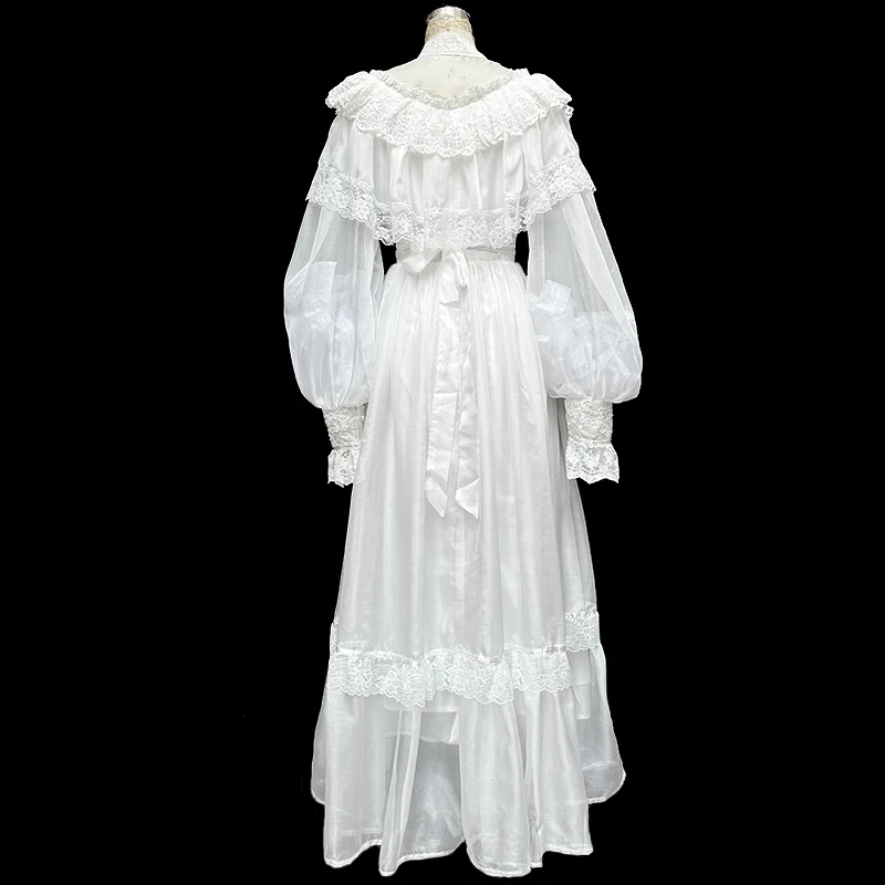 AnXin SH vintage princesa gasa blanca ilusión cuello alto volantes flor encaje manga larga cremallera una línea personalizar vestido de noche