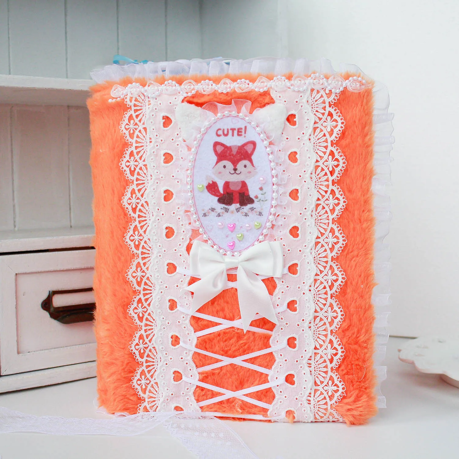 A5 Cute Plush Kpop Binder Photocard Storage Book Stationery  Album Orange Kawaii Fox Lace Style Collect Book Ring Binder