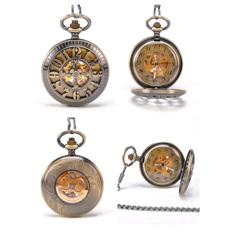 Relojes de bolsillo mecánicos, relojes de bolsillo para hombres, con tapa de cadena, cubierta transparente retro tallada, relojes de bolsillo para hombres y mujeres.