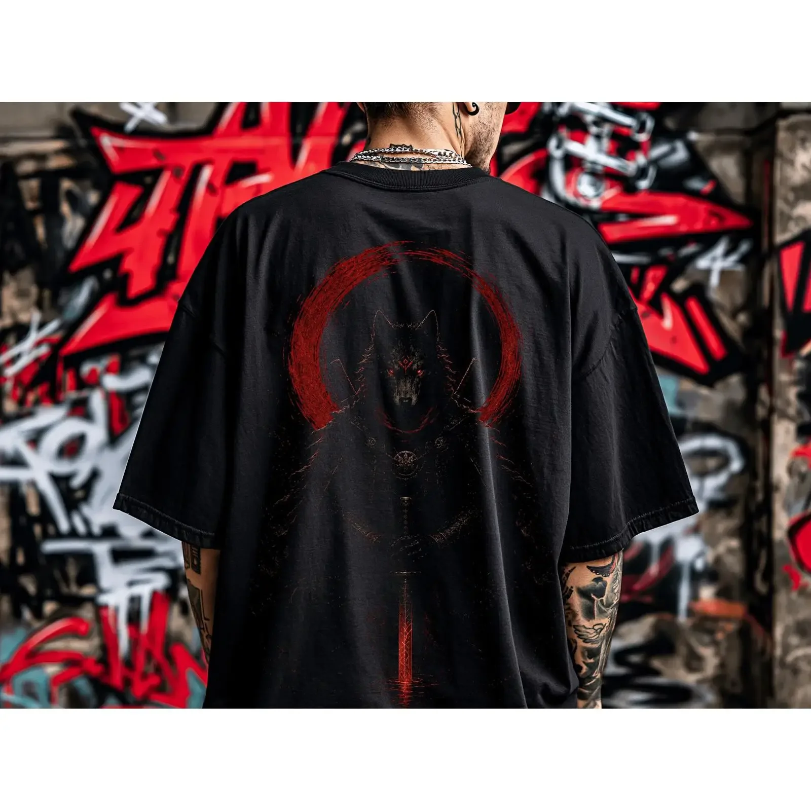 Wolf T Shirt Ronin Knight Armor Moon Gothic Streetwear Oversized vintage Washed fashion Soft Slightly streetwear Breathable