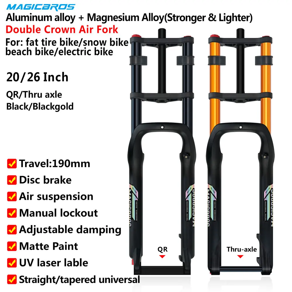 

20x4,0 26*4,0 MTB DH Пневматическая подвеска QR 9*135 мм 15*135 мм Пляжный снежный велосипед Электрический толстый велосипед Вилка с двойной короной и путешествий 190 мм