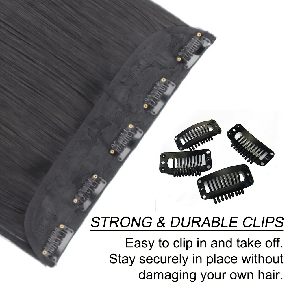 Long straight hair synthetic 5-clip hair extension clip clamped on woman\'s hair natural wig black long straight multiple lengths