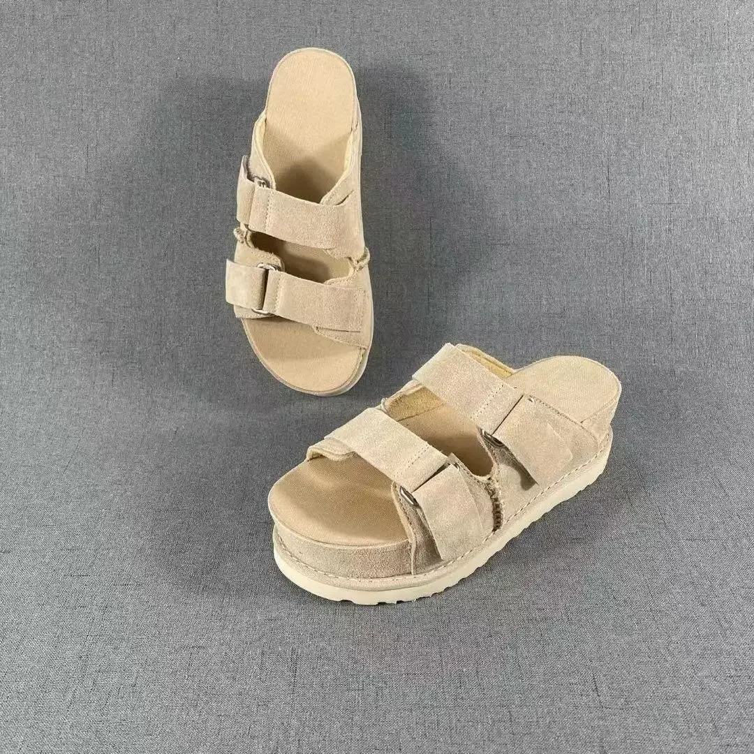 New women\'s thick soled sandals with buckle genuine leather for external wear and elevated exposed toe leather slippers