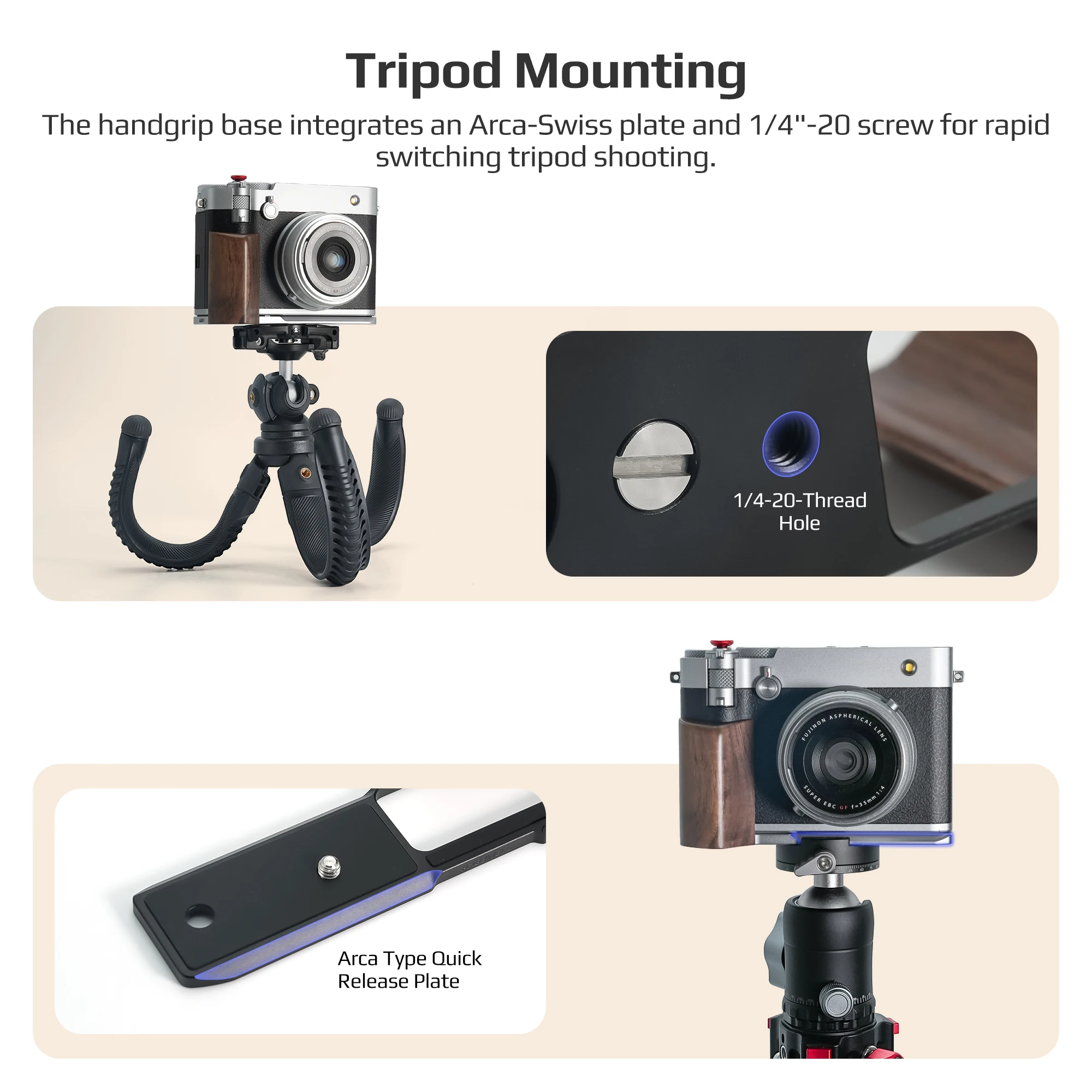 قبضة محمولة على شكل حرف L خشبية ممتازة من Freewell لكاميرا Fuji GFX100RF مع متانة الإصدار السريع من Arca-Swiss