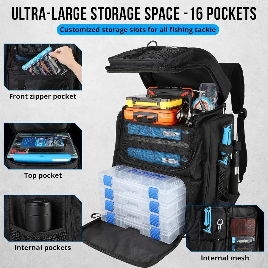 حقيبة ظهر كبيرة لصيد الأسماك مقاومة للماء سعة 42 لترًا مع حامل قضيب مدمج وصندوق أدوات للتخزين والتنظيم الفعال #5