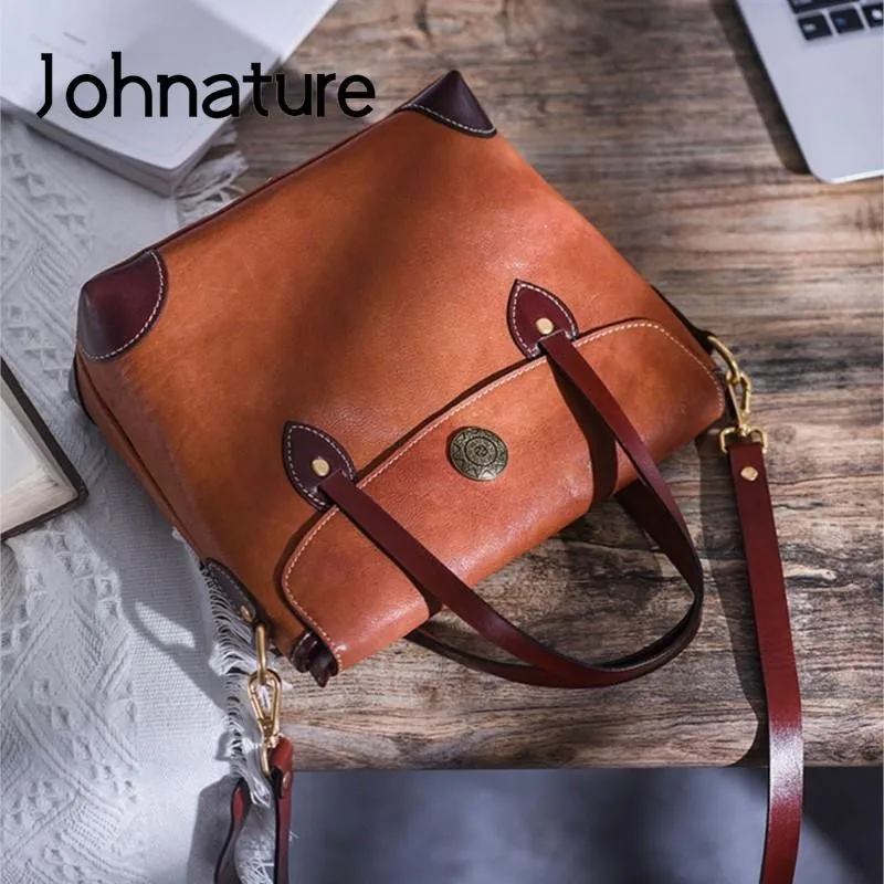 Johnature Hand Painted Vintage Roman Bag 2024 New Genuine Leather Simple Women Handbag Natural Real Cowhide Shoulder Bags