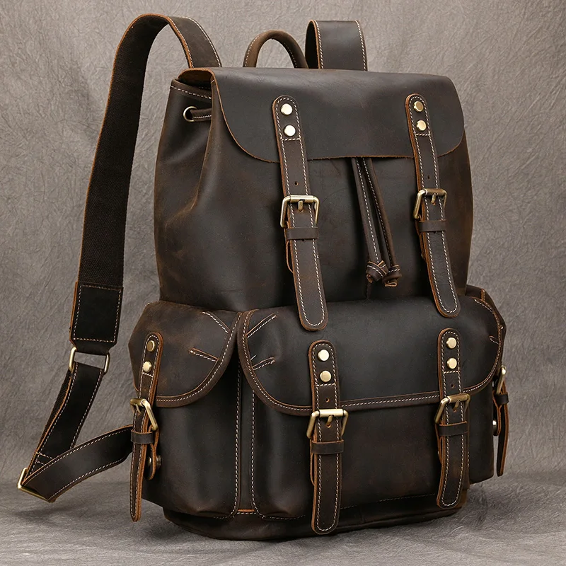 

Large Leather Backpack For Men 17.3" Computer Laptop Bag Vintage Style Travel Bag Daypack Fashion Men's School Bag Free Shipping