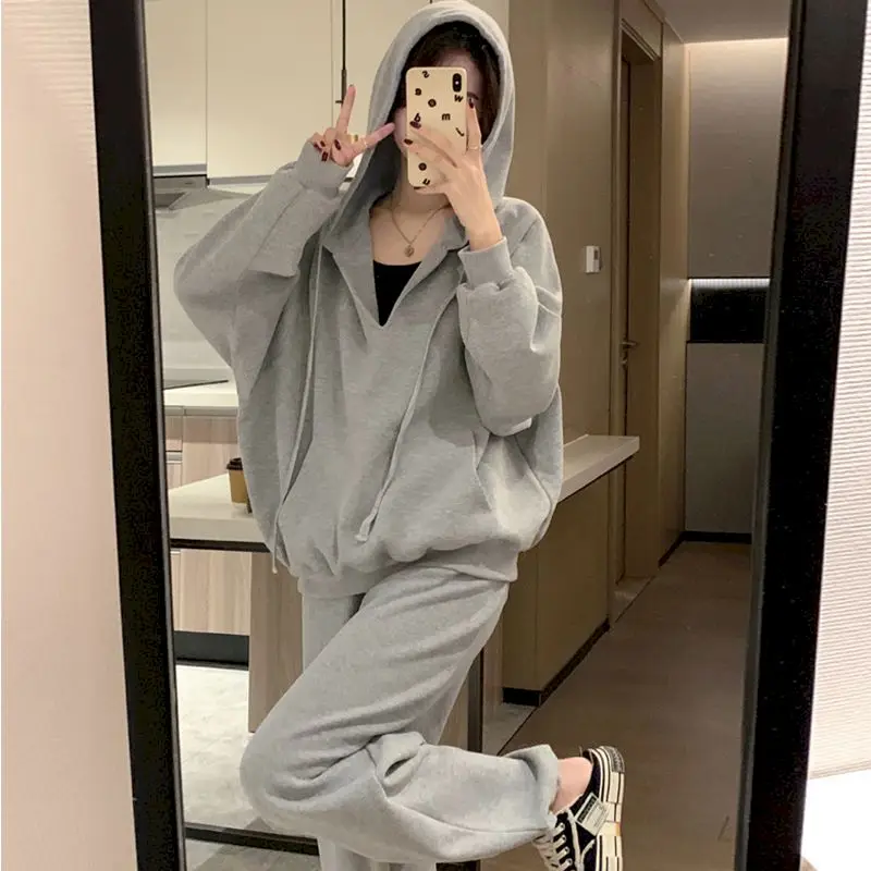 Casual Sports Hoodies Sets Women Spring Autumn Trend Set Fashion V-neck Hoodie and Sweatpants Running Two Piece Suit Y2k Clothes