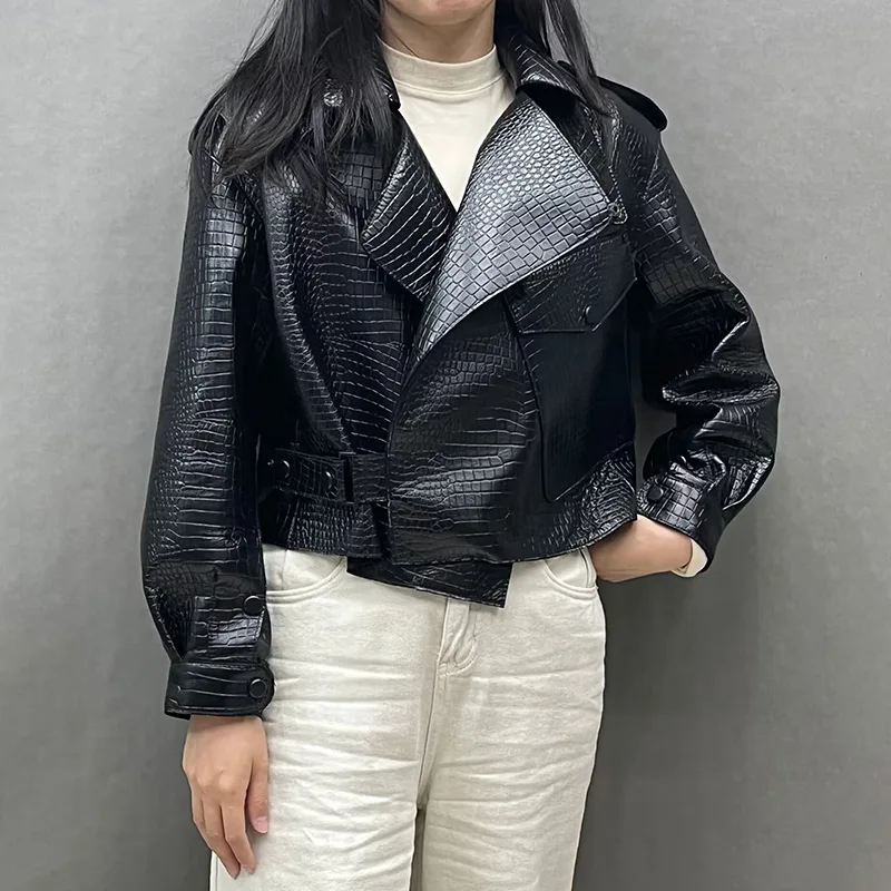 2023 New Genuine Sheepskin Leather Jacket Fashion Crocodile Pattern Leather Coat Lady Oversize Moto Biker Clothing S7547A