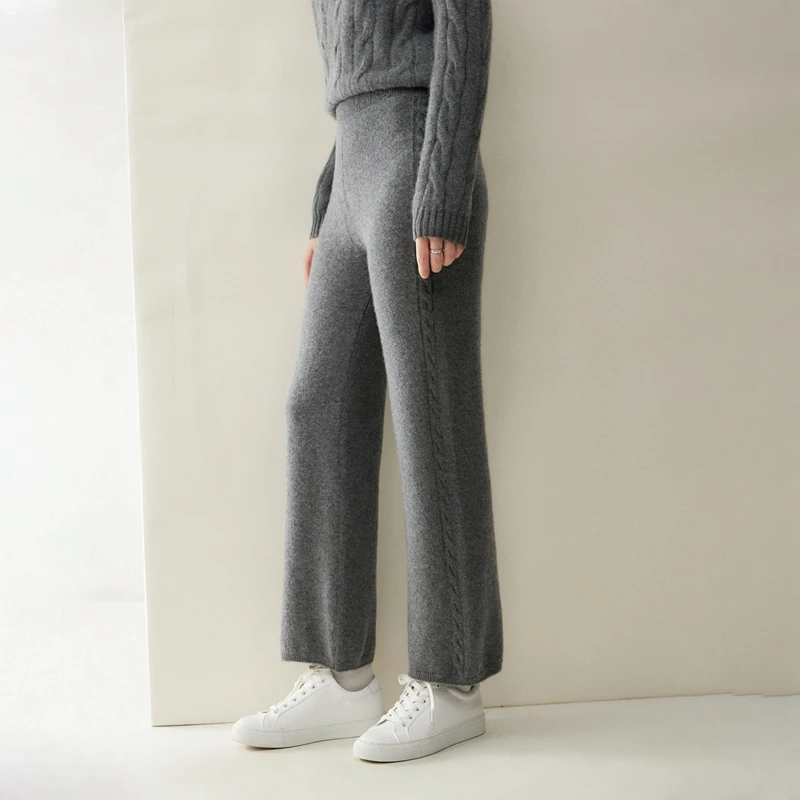 100% Cashmere Pants Women's Straight Pants Autumn Winter Twist Flower Thickness Simple Casual Style Cashmere Knitted Trousers