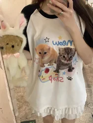 ADAgirl Kawaii Cat Print T-shirts Women Japan Style Kitten Short Sleeve Cutecore Tops Sweet Girl Y2k for Teen Aesthetic Clothes