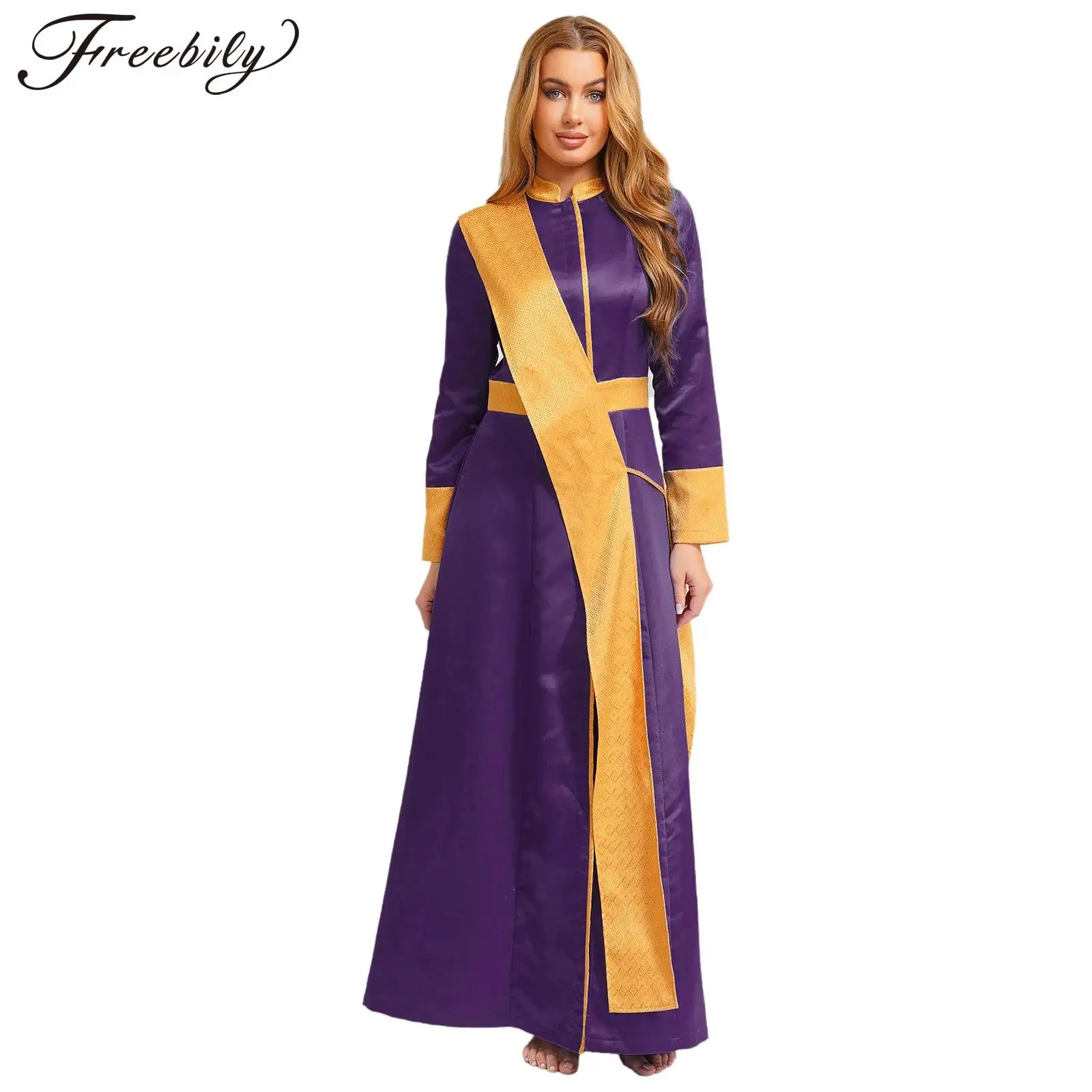 

Womens Priest Robes Halloween Cosplay Costumes Clergy Cassock Vestment Jacquard Dress Roleplay Catholic Pastor Dress Up Clothes