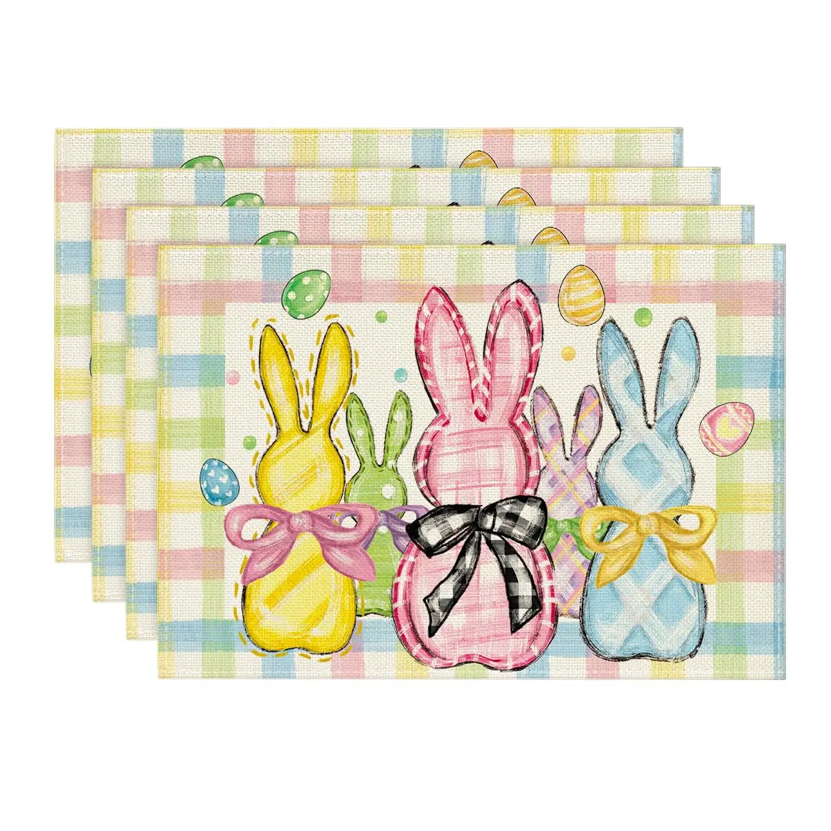 

Colorful Buffalo Plaid Bunny Rabbits Happy Easter Placemats Set of 4, 12x18 Inch Spring Holiday Table Mats for Dining Decor