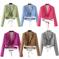 Blazer Casual 2024 Autumn Women Lace Up Short Blazer Jacket Notched Collar Cuff Slit Long Sleeve Office Female Crop Top Y2K