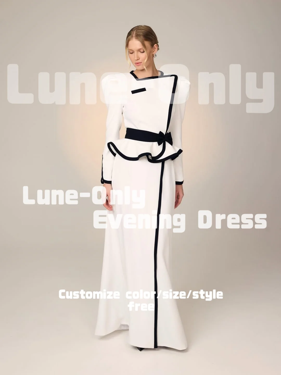 Vestidos de Noche blancos y negros de manga larga Vintage personalizados, vestido de fiesta elegante con lazo hasta el suelo, vestido Formal de graduación