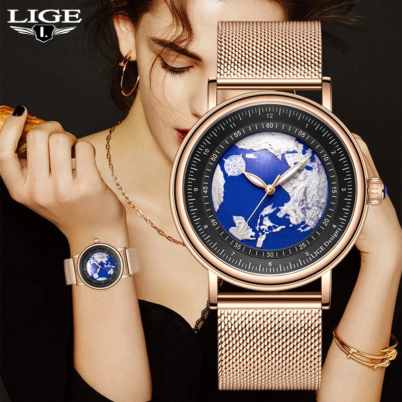 

LIGE Brand Fashion Luxury Woman Watch Mesh Strap Ultra Thin Waterproof Quartz Watch for Women Creative Earth Casual Female Clock