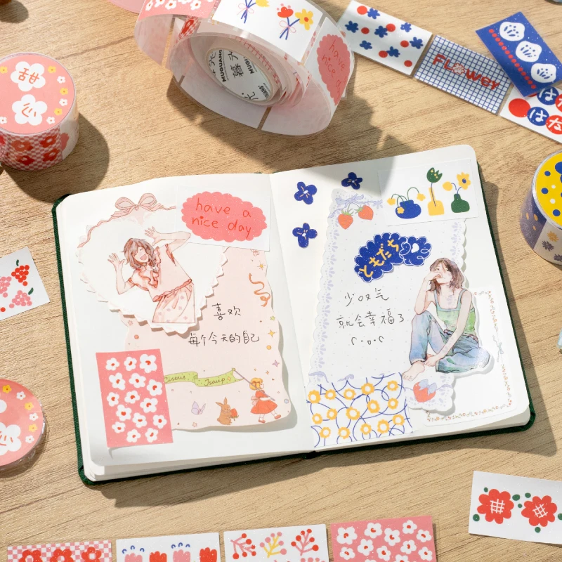 Kawaii Floral Print Label Sticker Tape Creative Collage Handmade Journal DIY Diary Album Scrapbook Aesthetic Stickers