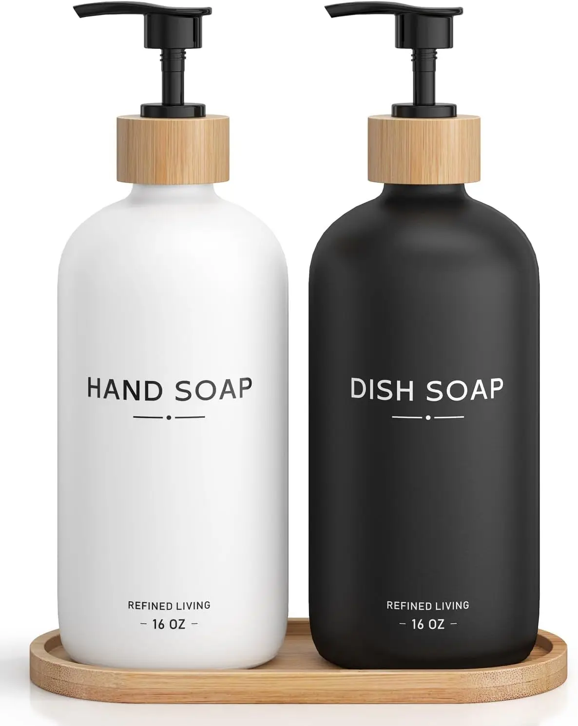 

16oz Glass Soap Dispenser Set with Bamboo Tray & Labels, Hand and Dish Soap Bottles for Kitchen Counter, Farmhouse Decor