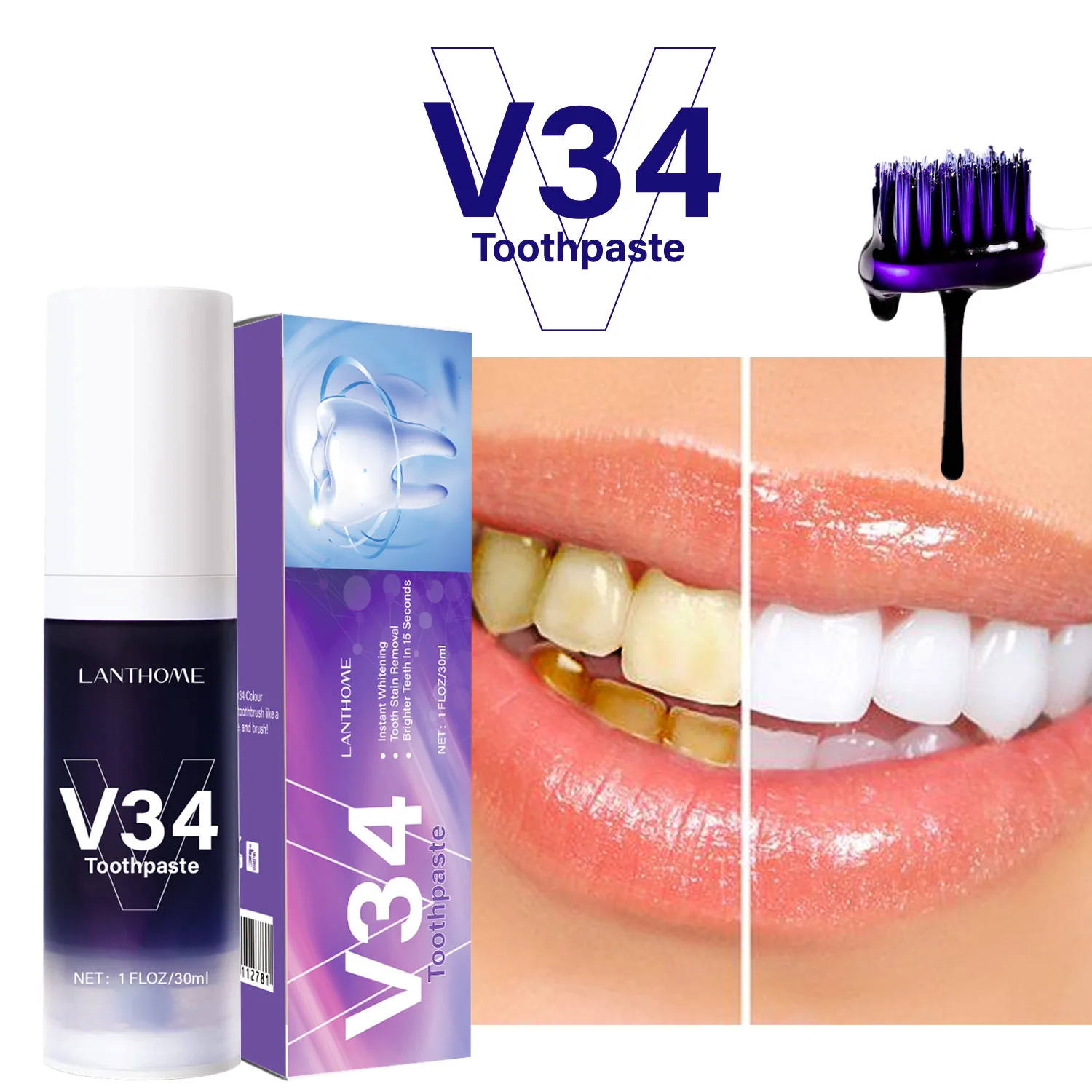 V34 Teeth Whitening Purple Toothpaste Remove Teeth Breath Whitening Brightening Essence Corrector Color Care Oral Stain Free