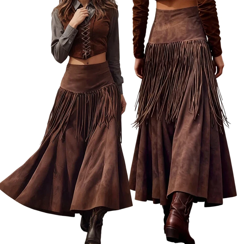 

Womens Ethnic Solid Tassel Midi Skirt Slim Fit Boho High Waist Long Skirt with Wide Hem Casual Daily Work Office Wear