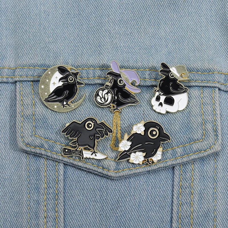 Punk Crow Wizard Enamel Pins Custom Black Gothic Skull Brooches Lapel Badges Animal Jewelry Gift for Kids Friends