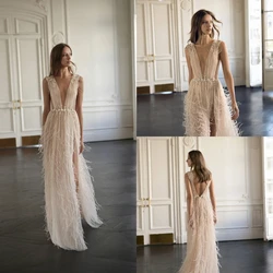 Popular A-Line Gown Prom Dresses Feathers Appliques Lace Party Dresses Sleeveless Plus Size Custom Size Colour vestidos de festa