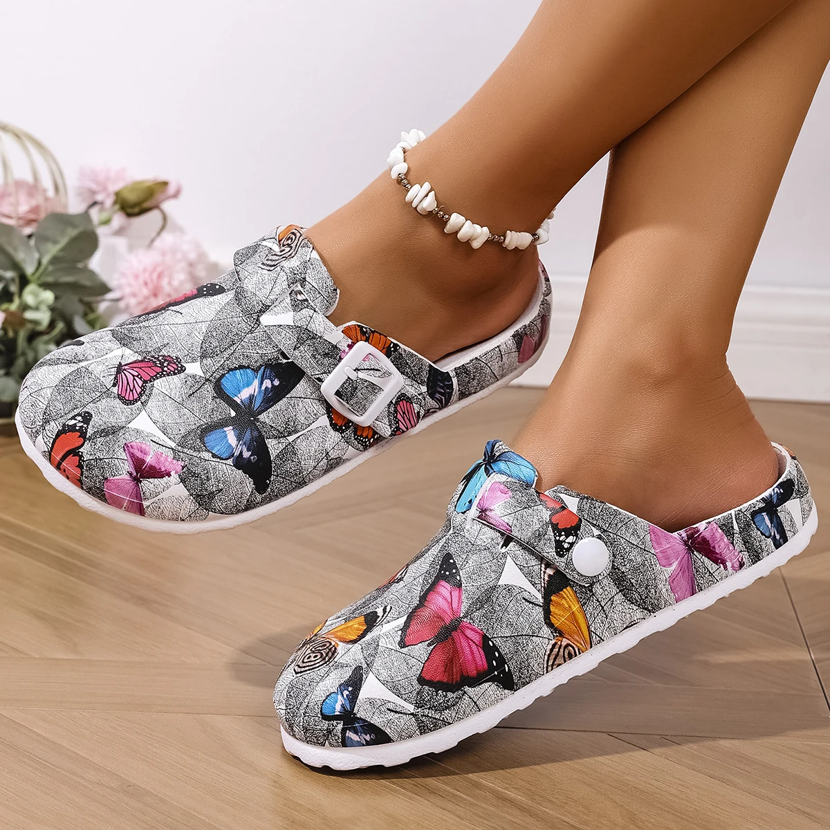 New Women's Fashionable Slip-On Slippers Elegant Black-Gray Butterfly Watermark Wedge Heel with Durable Soft Sole Comfortable Fo