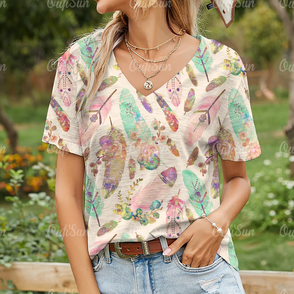 

New Women T-shirt Feather Print Oversized Women's Trending Clothing Fashion Short Sleeve Shirt Women V-Neck Blouse 2024 Designer