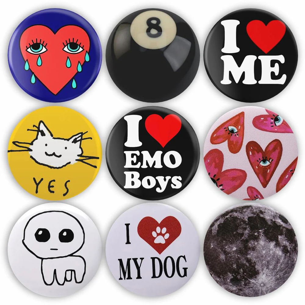 31 Types Tinplate Pins Cute Tbh Autism Soft Button Brooches I Love My Dog Black 8 Ball Lapel Backpack Badges Jewelry Custom Gift