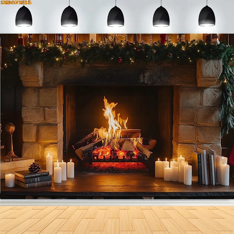 

Christmas Day Wreath Family New Year Party Photography Backdrops Prop Window Living Room Xmas Tree Gift Snow Background WD-34