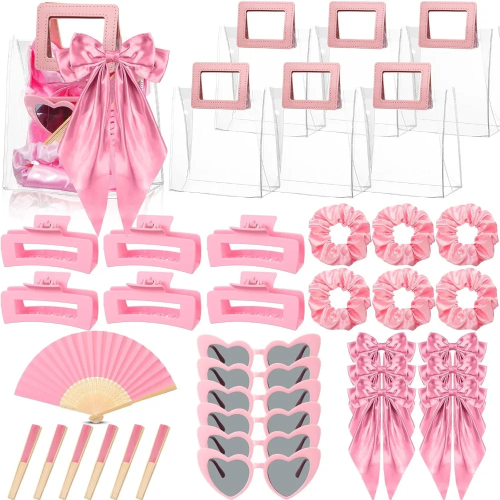 3-20 Sets de Artículos de Fiesta Rosa para Spa: Scrunchies, Pinzas para el Cabello, Lazos, Gafas de Sol, Abanicos de Mano y Bolsas Transparentes para Despedidas de Soltera y Damas de Honor