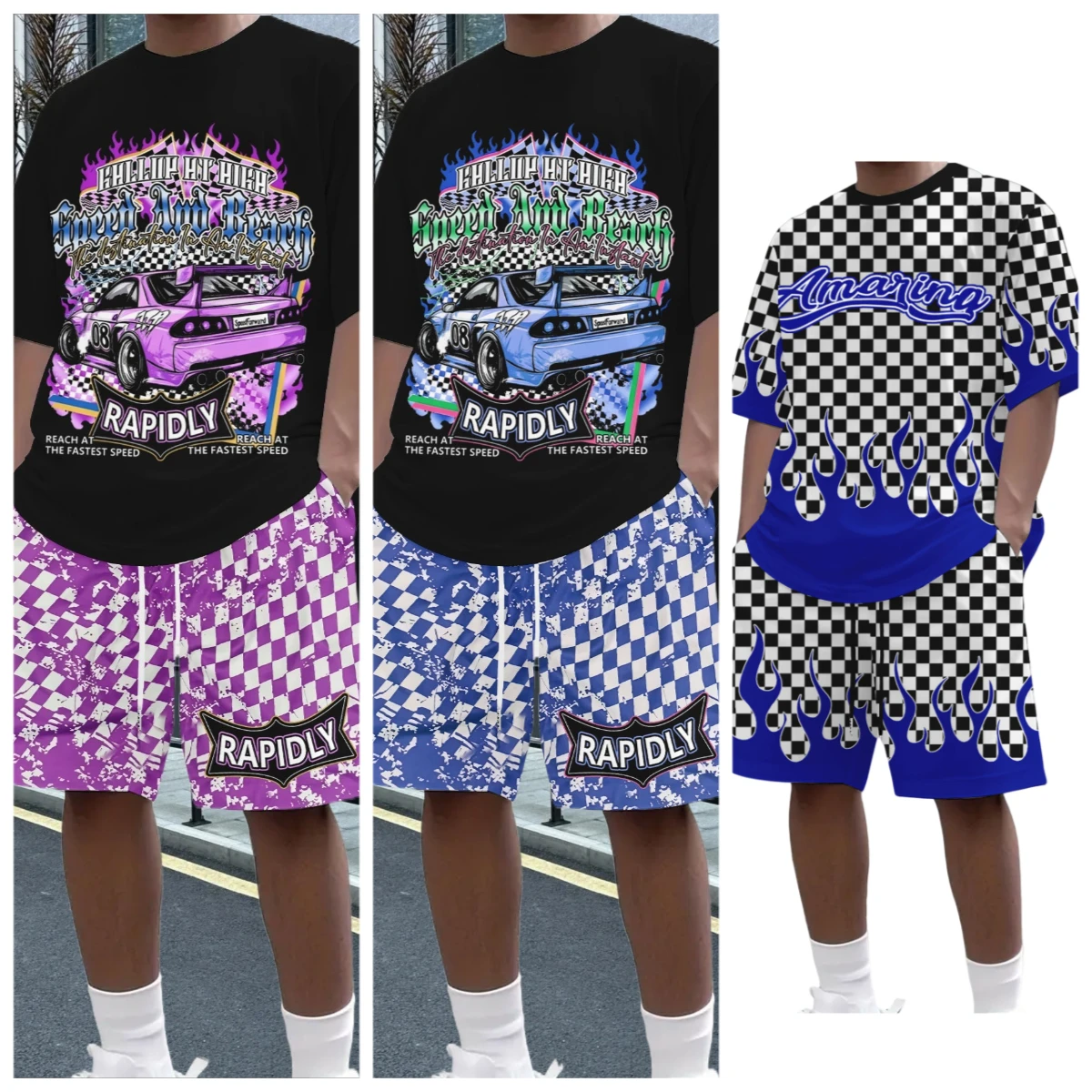 

25/26 New Summer Set Men's T-shirt Trendy American Street Printed Round Neck Men's Set Trendy Handsome Sports Two Piece Set