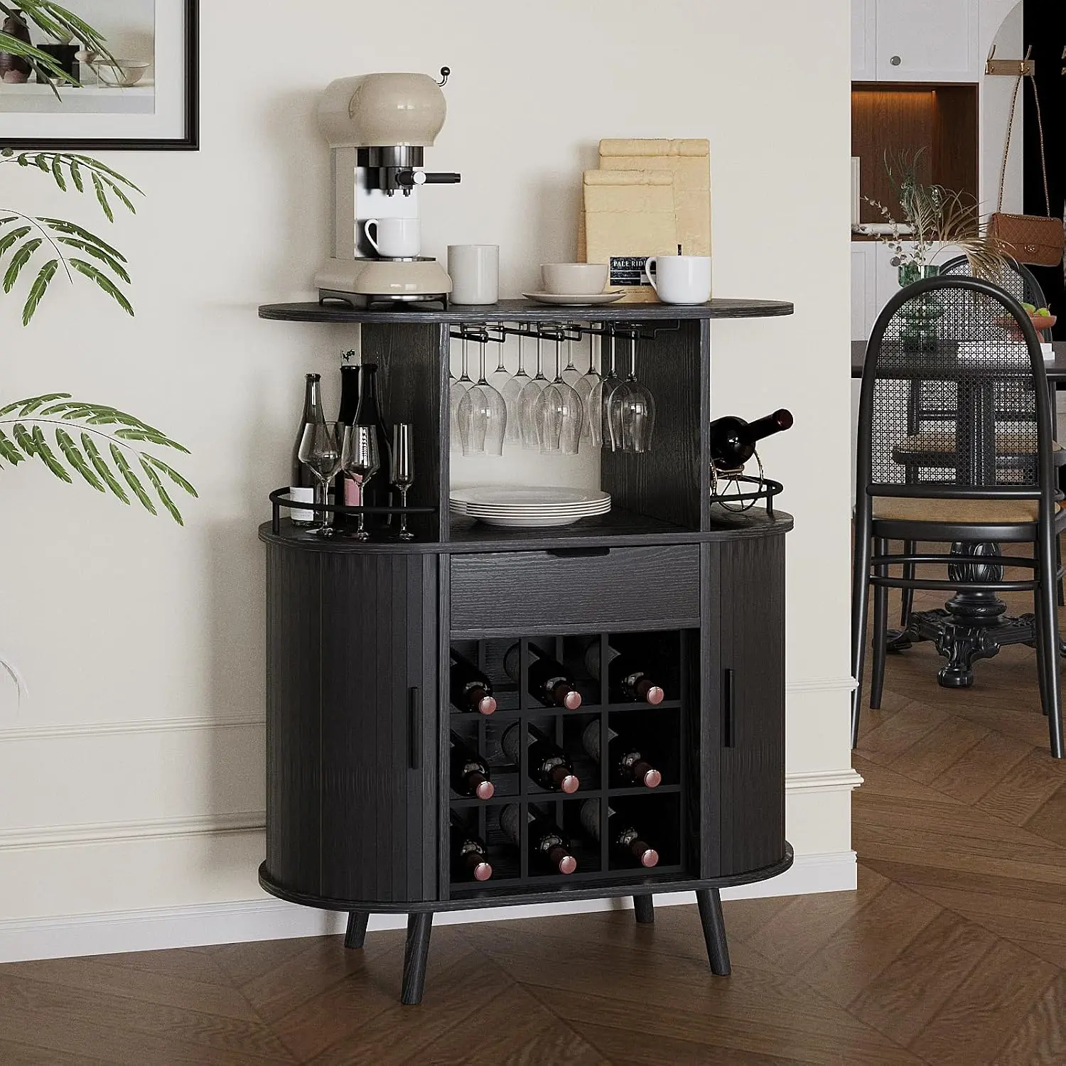 Modern Home Bar Cabinet with Open Wine Rack & Sliding Doors for Living Room Kitchen Dining Room, Customized