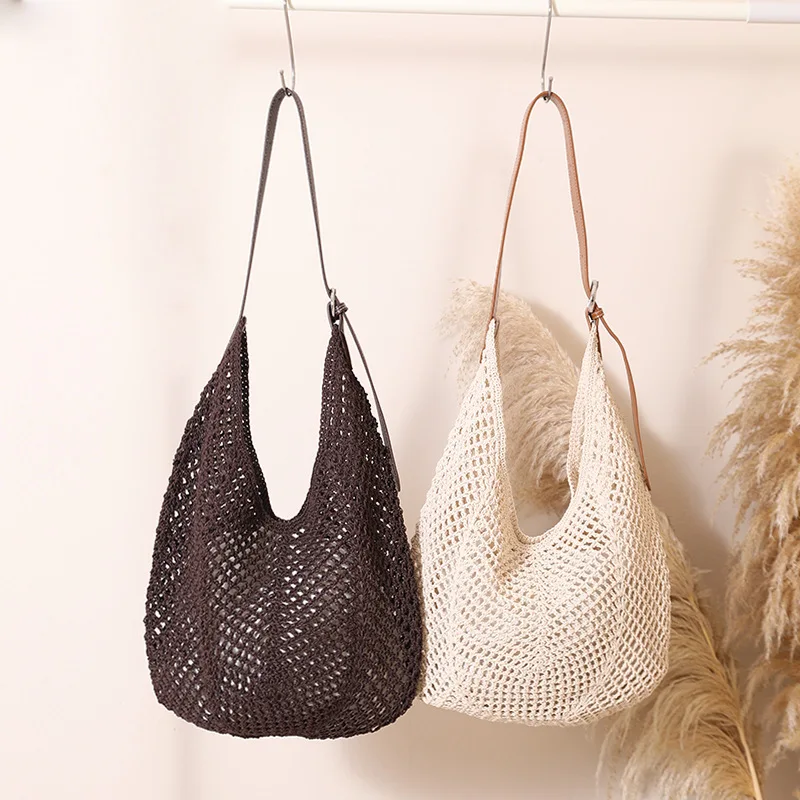 

Casual Large-capacity Single-shoulder Woven Bag New Solid-color Hollow Out Straw Bag Beach Vacation Bag for Outdoor Activities