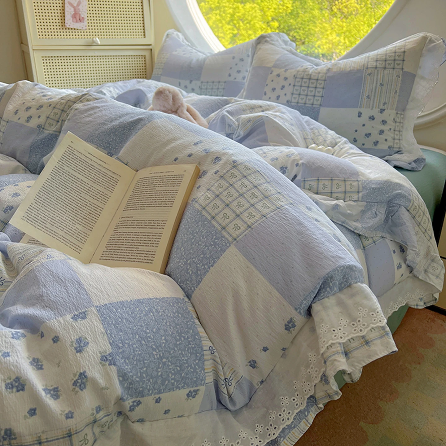 1pc Blue Duvet Cover with Lace Ruffles Reactive Printed housse de couette Nordic Duvets Cover Single/Full/Queen Size 이불커버