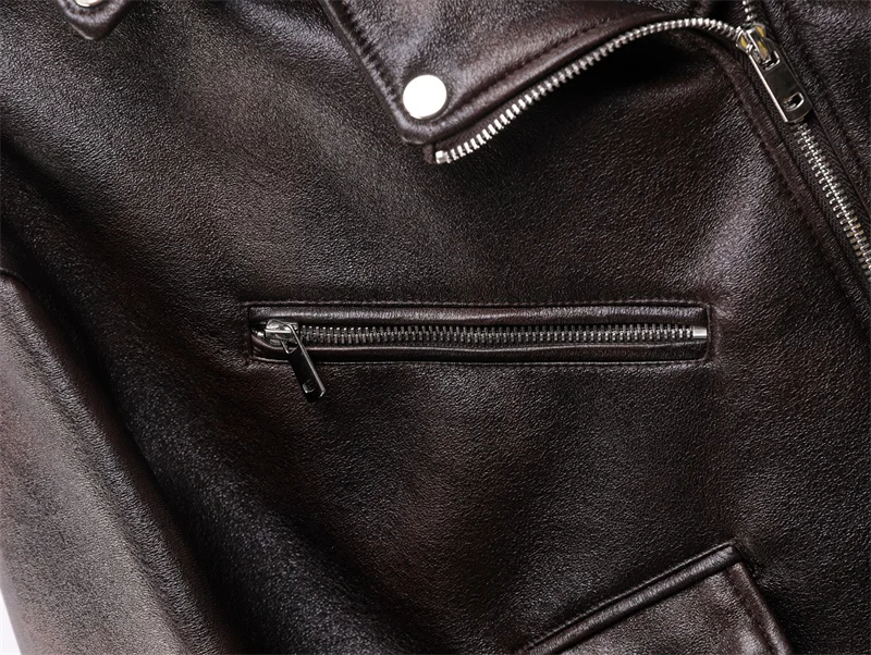 Dark brown Coal graysty le Women\'s washed leather jacket with belt, short coat with downgraded zipper and vintage lapel jacket