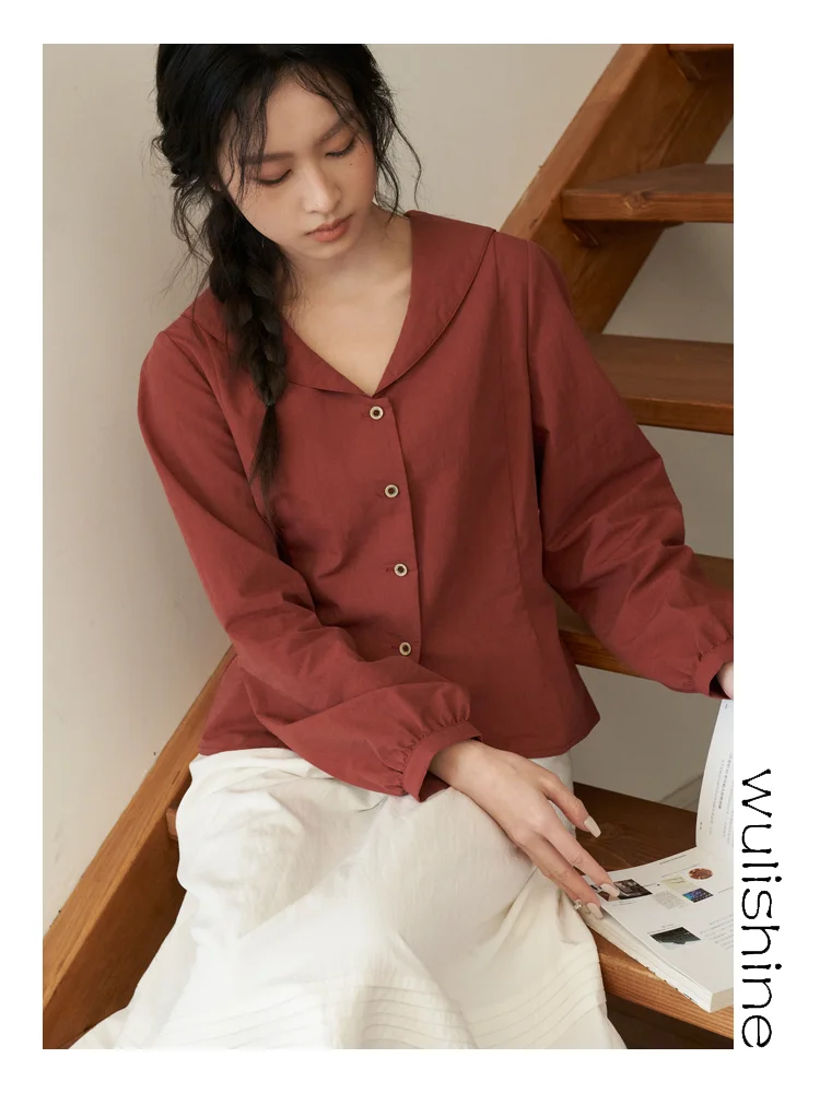

Red Vintage Silk Cotton irt Women's ature Waist-Cinching Button-Down Collar Long Sve Spring Faion Ladies' irt