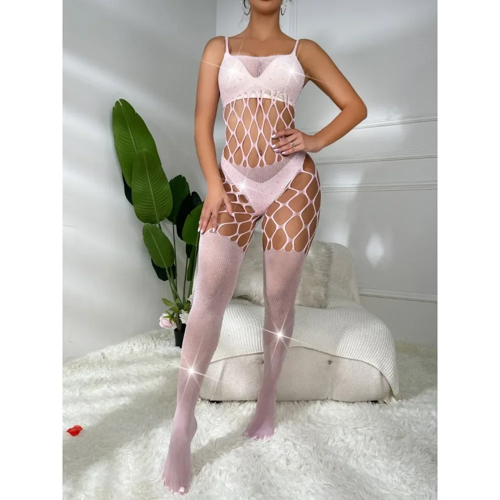 Collant di pizzo Crotchless Sexy Bodystockings per le donne fasciatura cintura Lingerie erotica trasparente sopra il ginocchio coscia Highs Plus