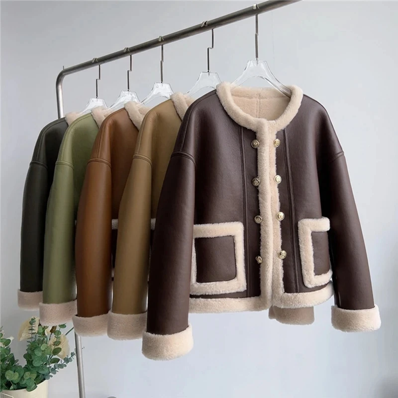 

Julypalette Autumn Winter Real Wool Leather Jacket Coats 2023 New Fashion O-neck Button Pockets Real Sheep Shearing Warm Jackets