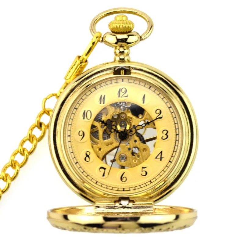 

Luxury Golden Gear Skeleton Hollow Case Vintage Style Arabic Numerals Dial Mechanical Pocket Watch with Fob Chain Best Xmas Gift