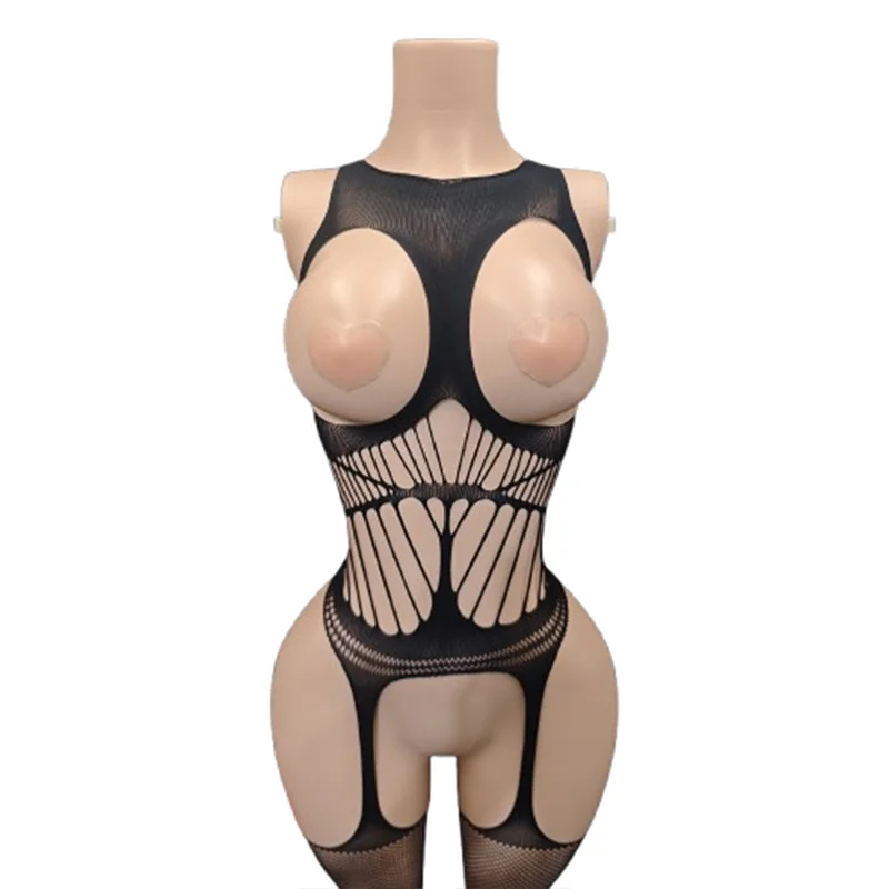 1-Piece Alluring Lace Bodysuit featuring a sheer design with cutouts and see-through mesh, plus fishnet stockings.